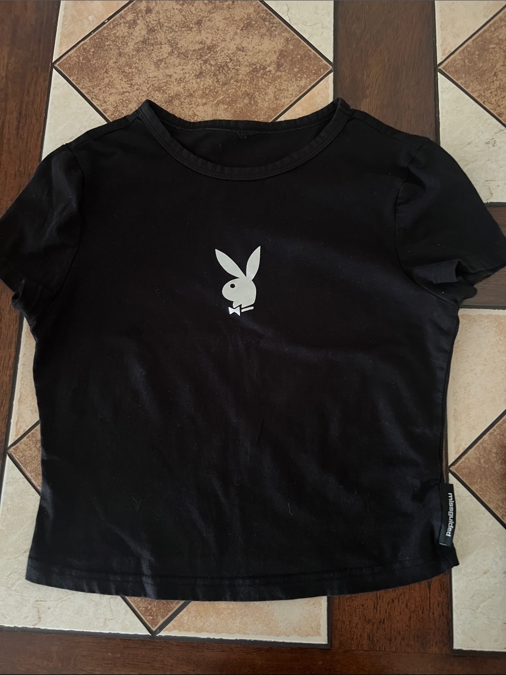 PLAYBOY Black Crop Top with Silver Bunny Logo